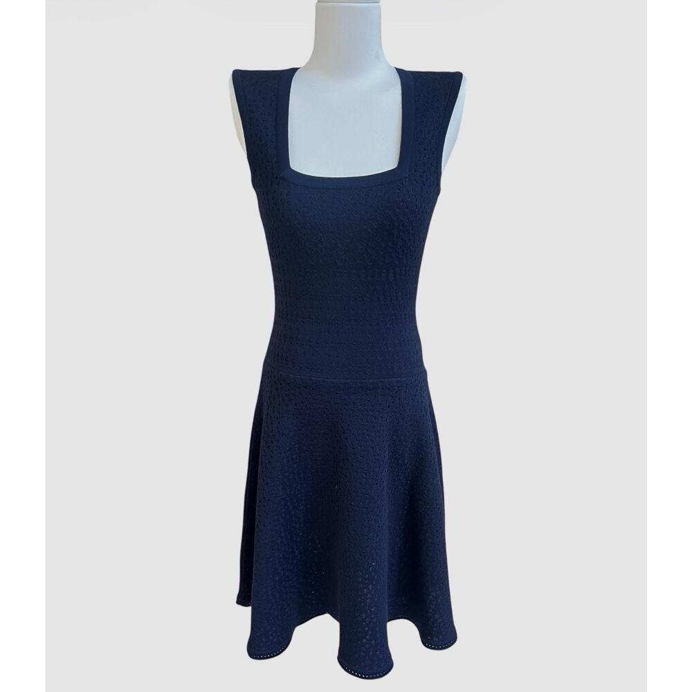 Misook XS Navy Blue Honeycomb Knit Fitted Sleeveless Midi Dress Square Neck